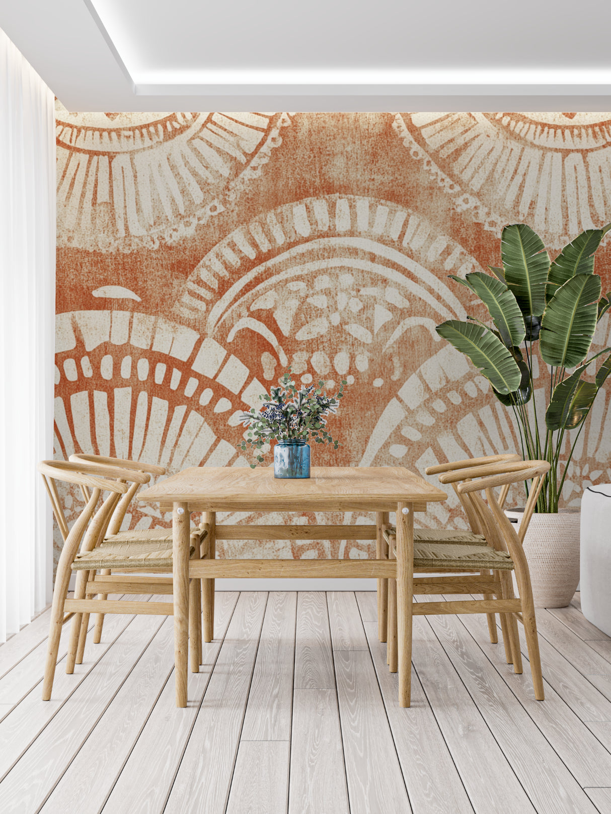 Art deco wall mural showcasing geometric patterns in a cozy home office setting