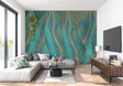 Art deco leaf wallpaper in modern living room, turquoise and gold design catching natural light