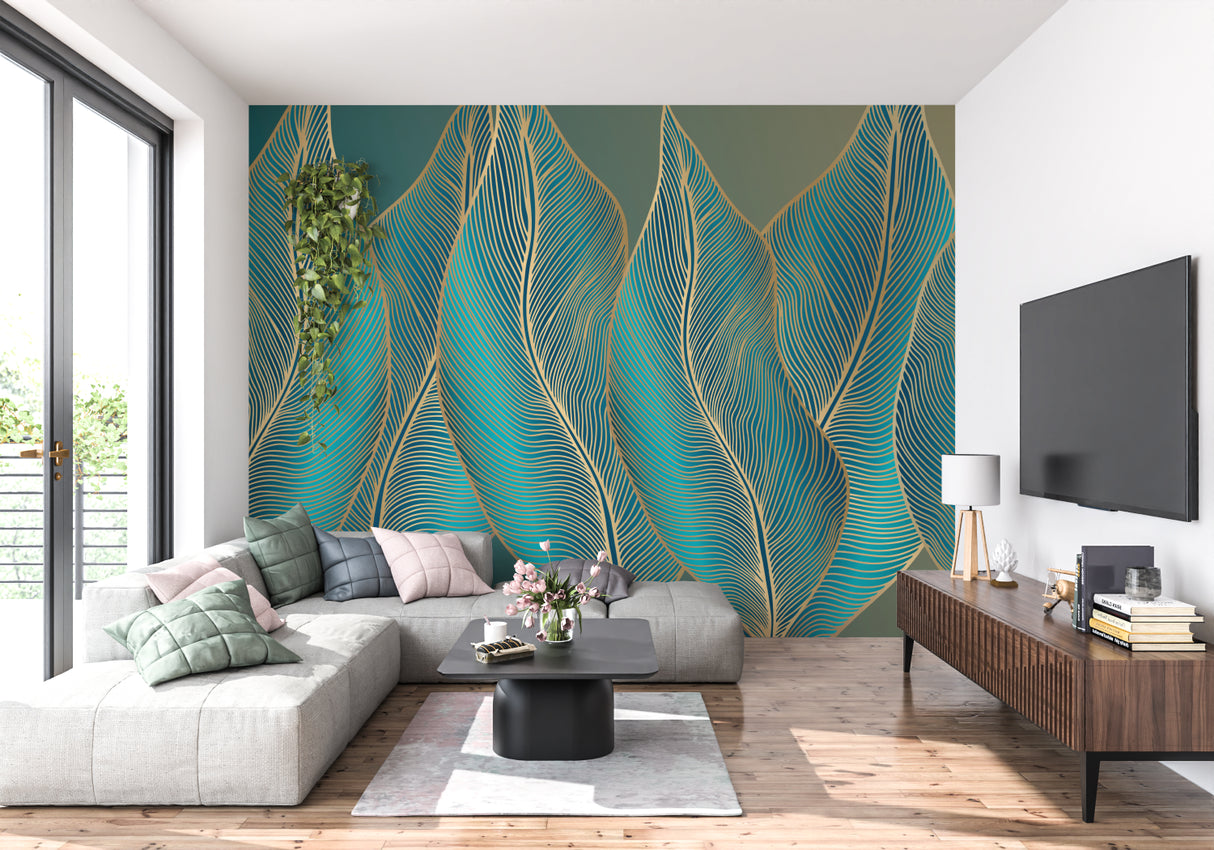Art deco leaf wallpaper in modern living room, turquoise and gold design catching natural light