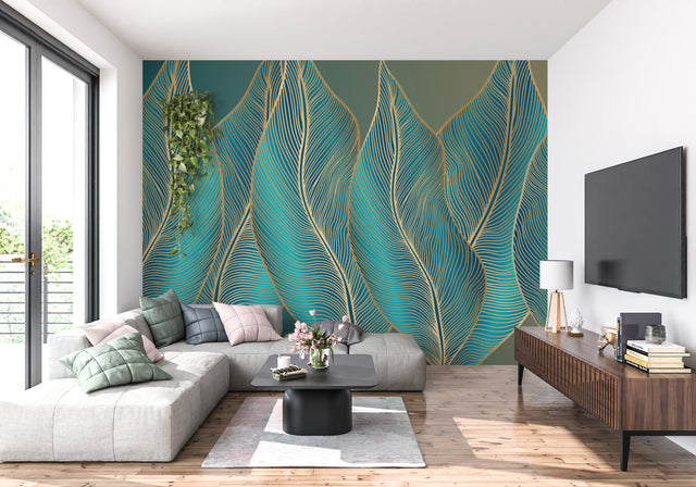 Art deco leaf wallpaper in modern living room, turquoise and gold design catching natural light