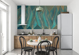 Turquoise and gold art deco wallpaper creating luxury hotel feel in master bedroom