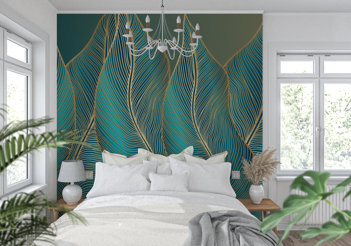 Art deco pattern wallpaper in dining room with evening lighting highlighting gold details