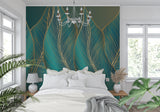 Art deco pattern wallpaper in dining room with evening lighting highlighting gold details