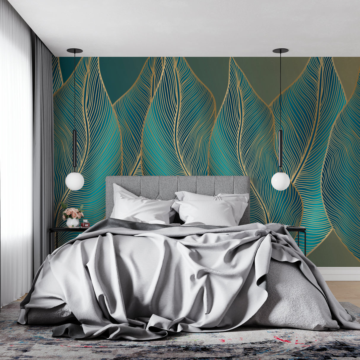 Geometric leaf wallpaper bringing elegance to home office space