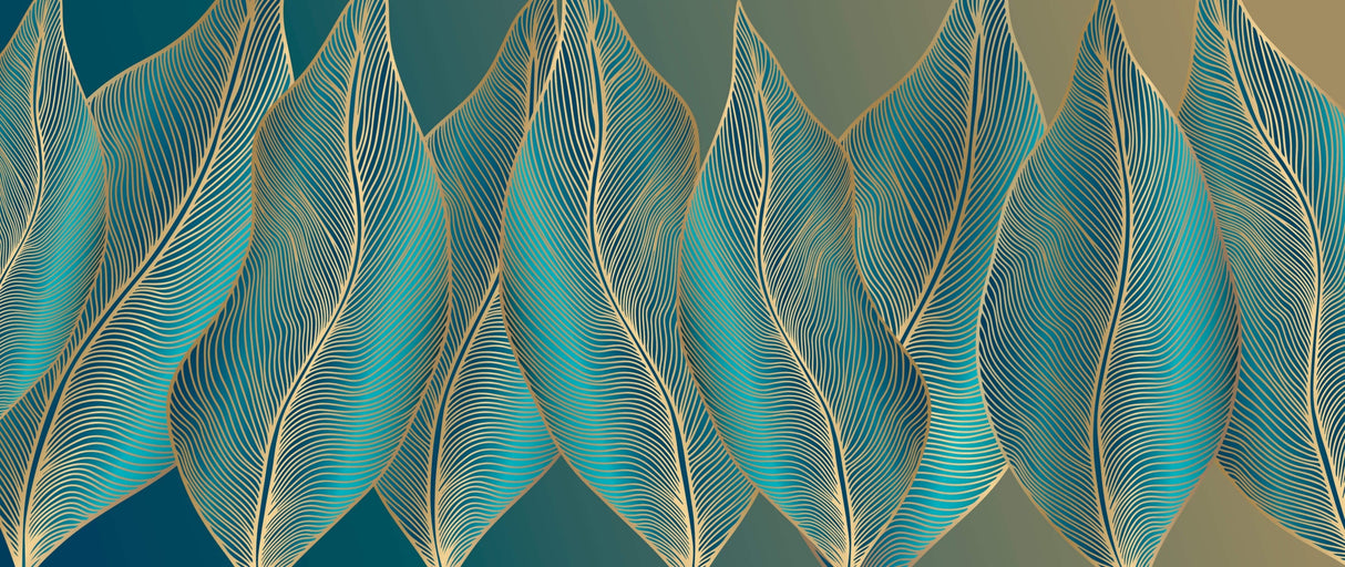 Art deco wallpaper design file showing intricate turquoise leaves with flowing gold lines pattern