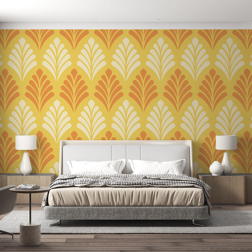 Art deco fan pattern wallpaper in yellow and orange creating a warm atmosphere in a modern dining room setting