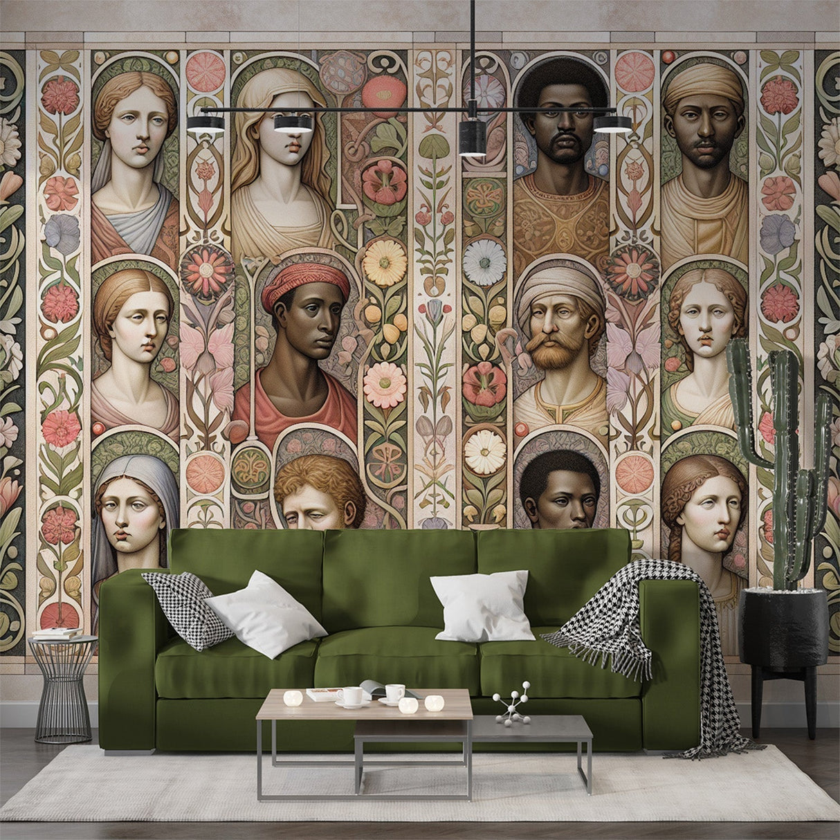 Art Deco portrait gallery wallpaper creating an elegant statement wall in a modern living room with vintage furniture
