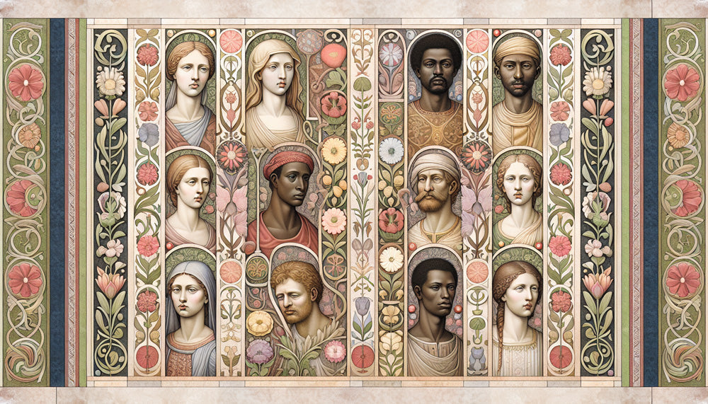 Art Deco portrait gallery design file showing intricate floral frames and vintage portraits pattern