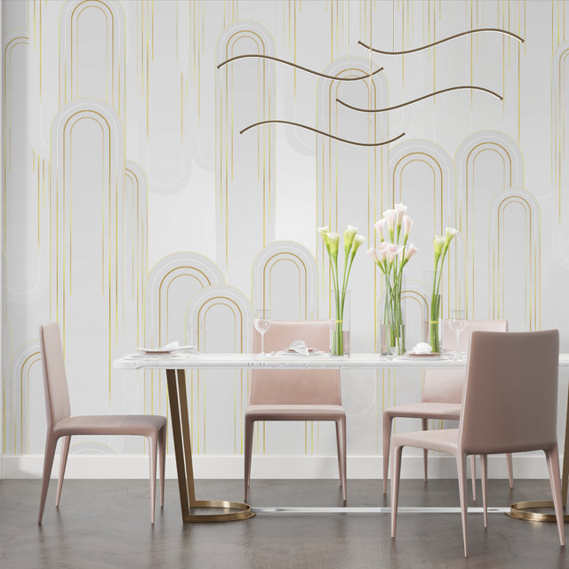 Art deco gold arch wallpaper in modern living room with grey sofa and natural light