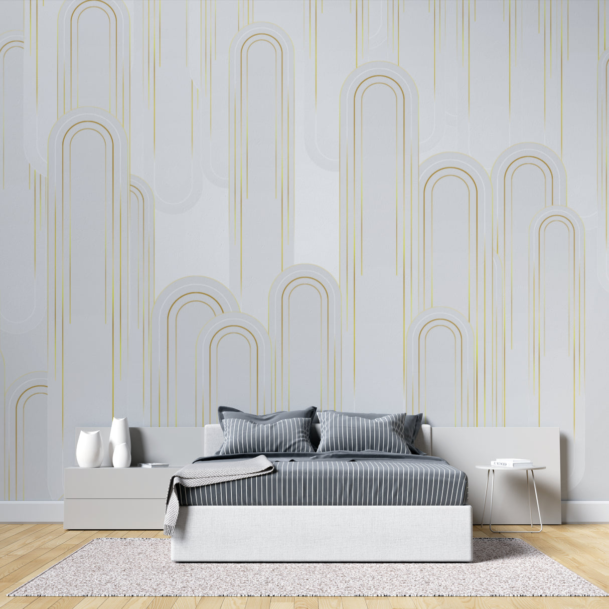 Art deco wall mural in master bedroom with luxury bedding and gold accents