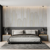 White and gold geometric pattern in home office with minimalist desk