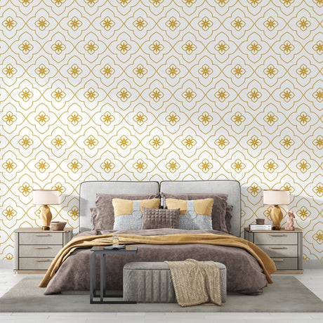 White and gold Art Deco wallpaper in modern living room creating an elegant atmosphere with natural light
