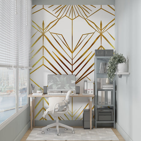 White and gold art deco wallpaper in modern dining room with crystal chandelier