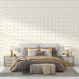Art deco scale pattern wallpaper in white and gold creating a luxurious atmosphere in a modern living room