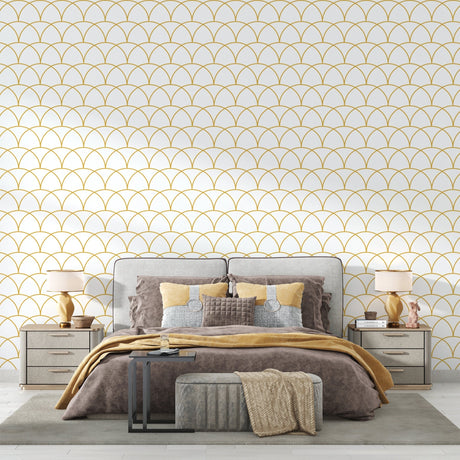 Art deco scale pattern wallpaper in white and gold creating a luxurious atmosphere in a modern living room