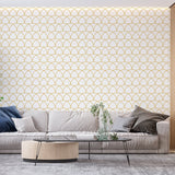 White and gold art deco wallpaper with scale pattern bringing elegance to a dining room setting