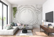 White Art Nouveau 3D relief wallpaper in modern living room with natural light highlighting the raised pattern