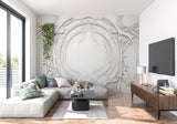 White Art Nouveau 3D relief wallpaper in modern living room with natural light highlighting the raised pattern