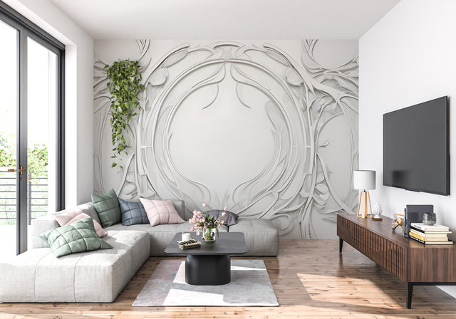 White Art Nouveau 3D relief wallpaper in modern living room with natural light highlighting the raised pattern