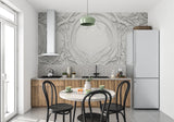 Elegant dining room featuring white relief Art Nouveau wallpaper with pendant lighting