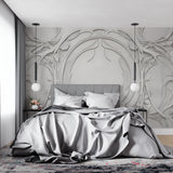 Home office with 3D white relief wallpaper showing intricate Art Nouveau details