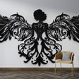 Art Nouveau angel wallpaper creating dramatic impact in a modern living room with white furniture and minimal decor