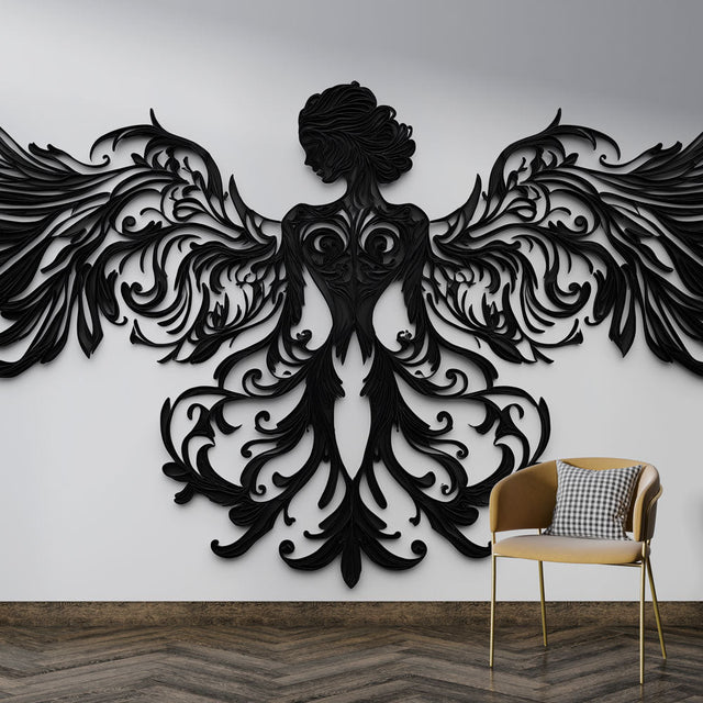 Art Nouveau angel wallpaper creating dramatic impact in a modern living room with white furniture and minimal decor