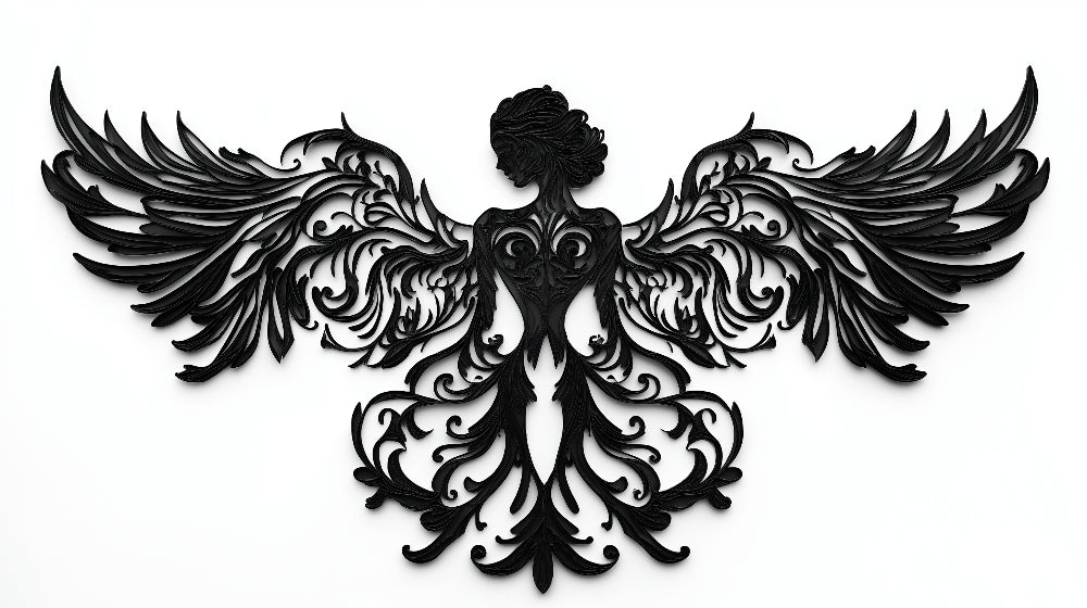Black ornate angel design file showing intricate art nouveau pattern and details