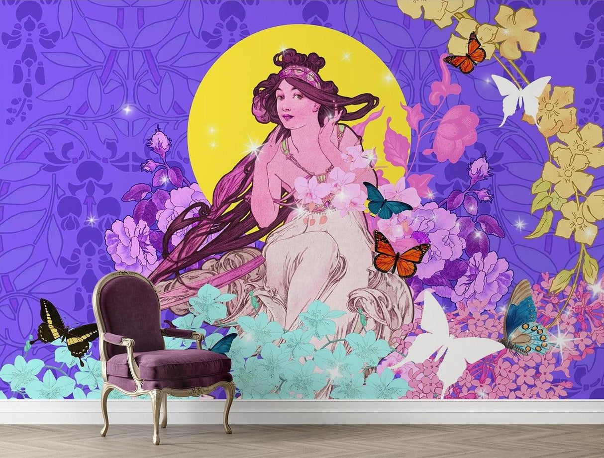 Art Nouveau butterfly wallpaper creating magic in a modern living room with purple and gold accents