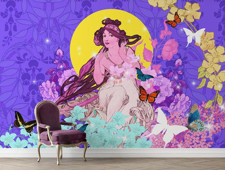 Art Nouveau butterfly wallpaper creating magic in a modern living room with purple and gold accents