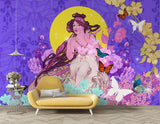 Vintage butterfly moon mural in a cozy bedroom setting with soft lighting