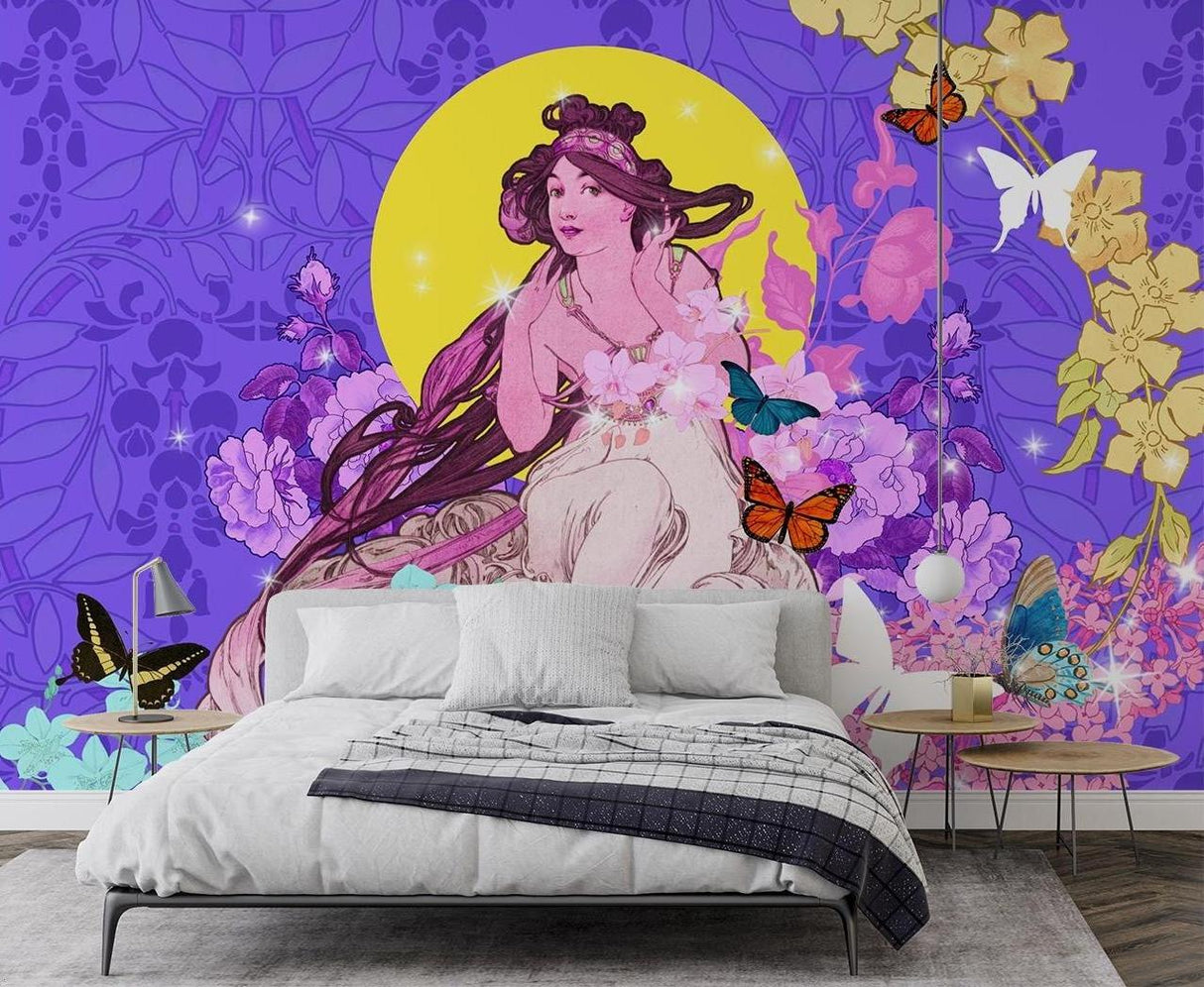 Art Nouveau wall mural showcased in a dining room with elegant furnishings