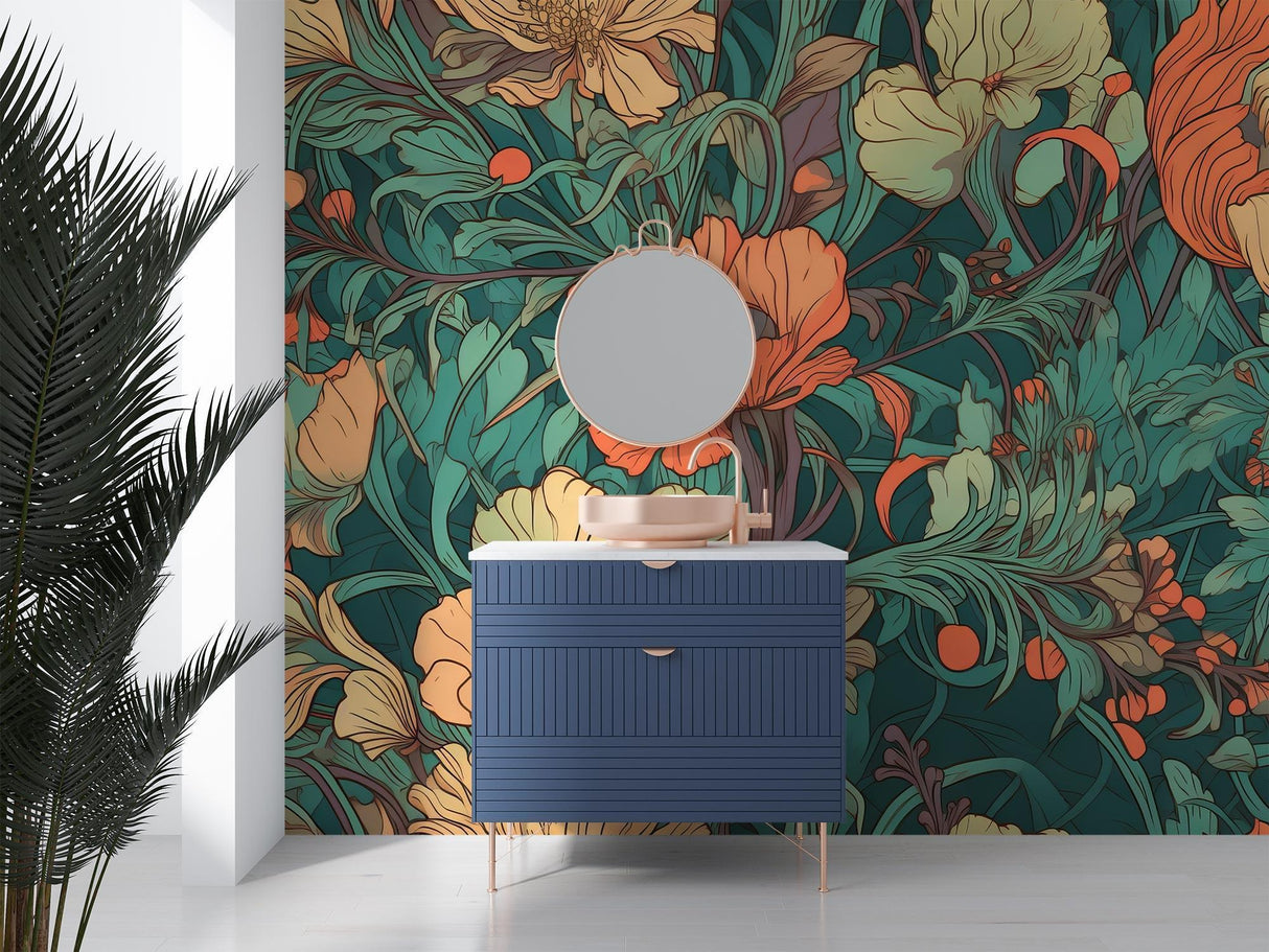 Art Nouveau floral wallpaper bringing elegant charm to a bright dining room with coral and green tones