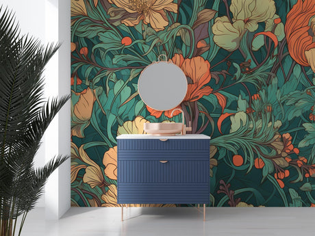 Art Nouveau floral wallpaper bringing elegant charm to a bright dining room with coral and green tones