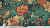 Art Nouveau wall mural showcasing coral blooms in a cozy living room setting
