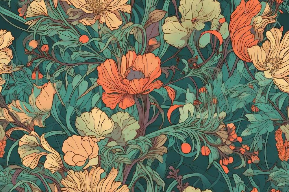 Art Nouveau floral pattern design file showing detailed coral flowers and green foliage