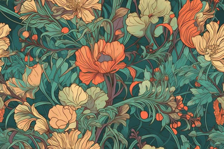 Art Nouveau floral pattern design file showing detailed coral flowers and green foliage