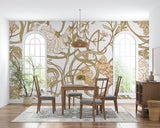 Art Nouveau floral wallpaper in an elegant living room with gold accents and natural light