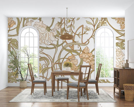 Art Nouveau floral wallpaper in an elegant living room with gold accents and natural light