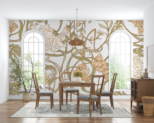 Art Nouveau floral wallpaper in an elegant living room with gold accents and natural light