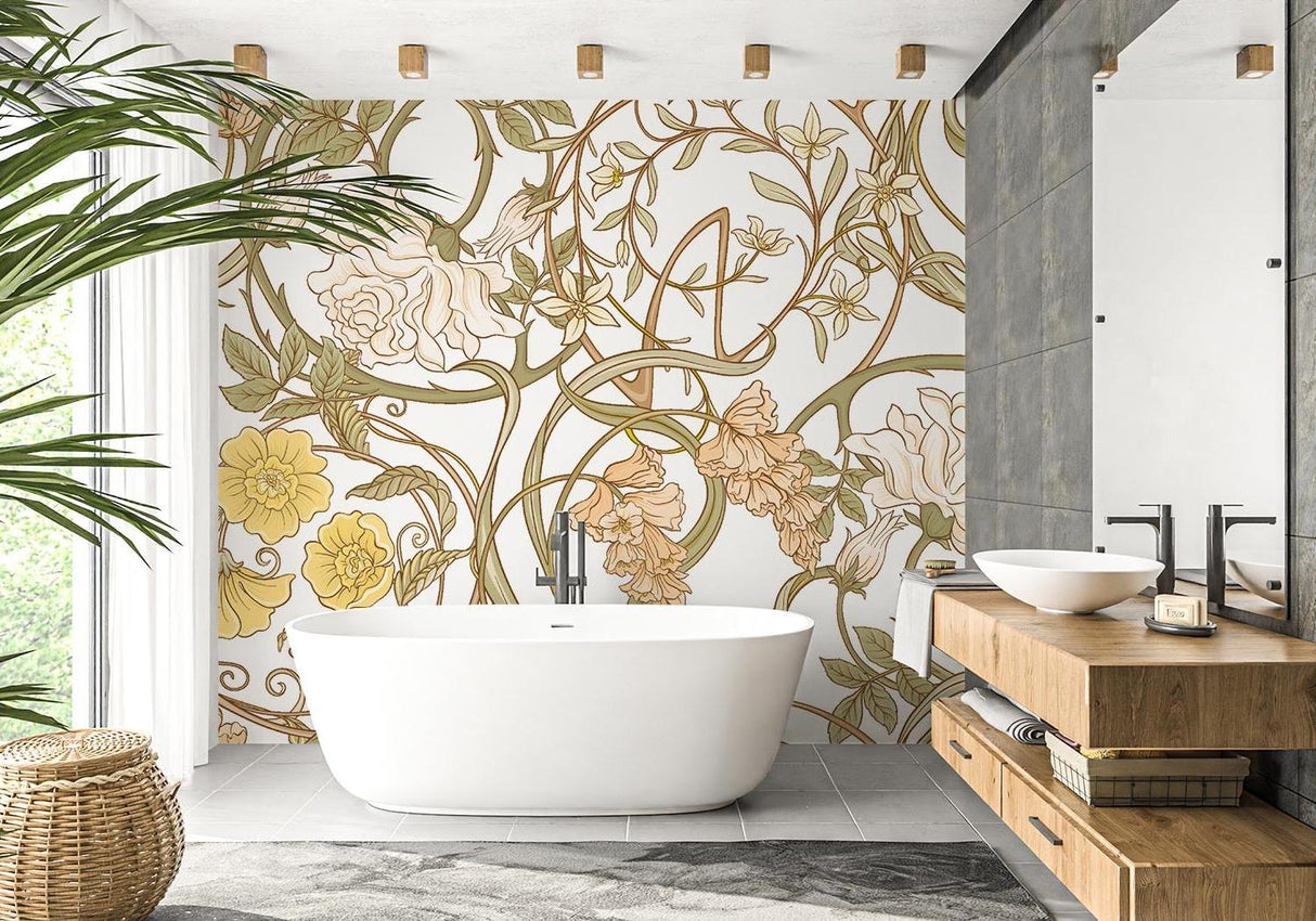 Botanical wall mural adding charm to a sophisticated dining room setting