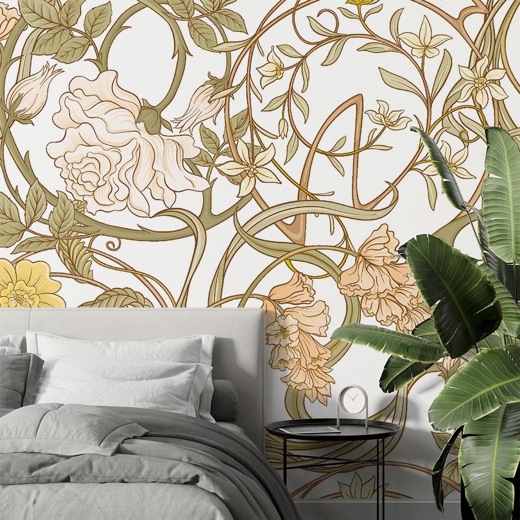 Art Nouveau pattern wallpaper in a cozy reading nook with soft lighting