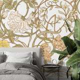 Art Nouveau pattern wallpaper in a cozy reading nook with soft lighting