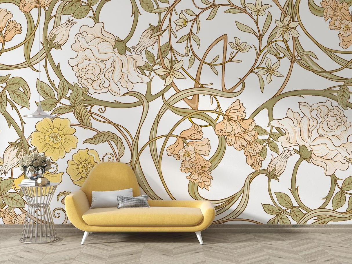 Art Nouveau wallpaper creating an elegant entrance hallway