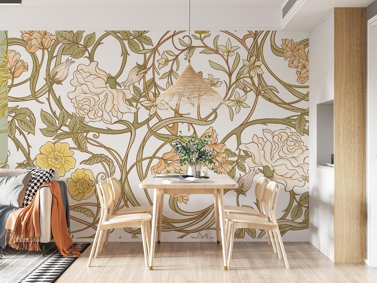 Vintage botanical pattern adding style to a powder room