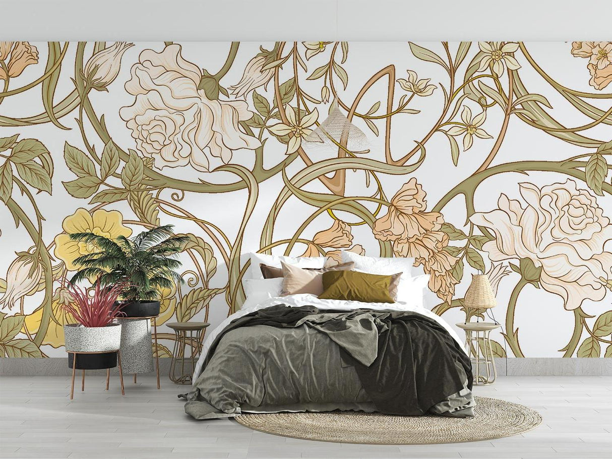 Art Nouveau wallpaper enhancing a romantic bedroom suite