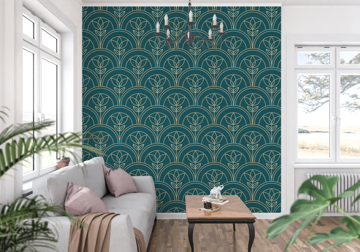 Art Nouveau wallpaper in modern living room showing emerald green and gold floral pattern creating depth