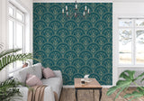 Art Nouveau wallpaper in modern living room showing emerald green and gold floral pattern creating depth