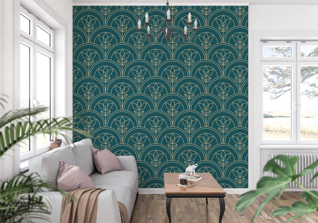 Art Nouveau wallpaper in modern living room showing emerald green and gold floral pattern creating depth