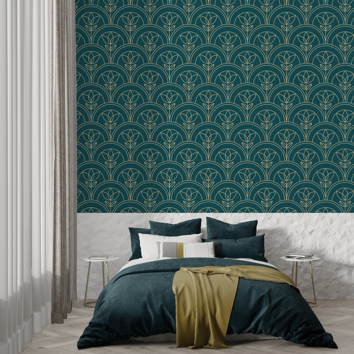 Green and gold Art Nouveau wallpaper styled in elegant dining room with crystal chandelier